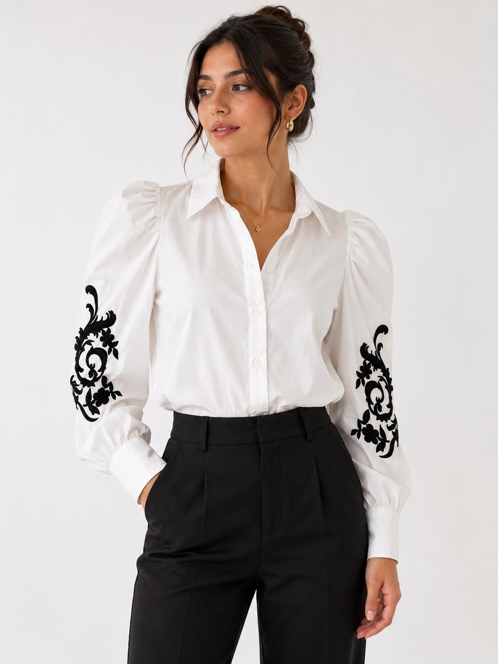 White Puff Sleeve Button-Down Shirt with Black Embroidered Sleeves
